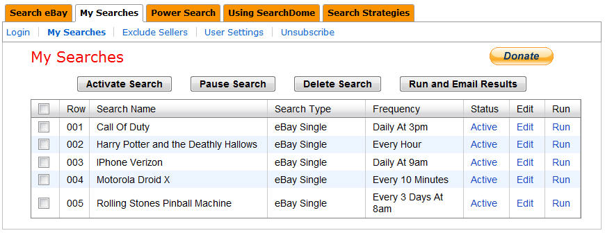 My eBay Search List